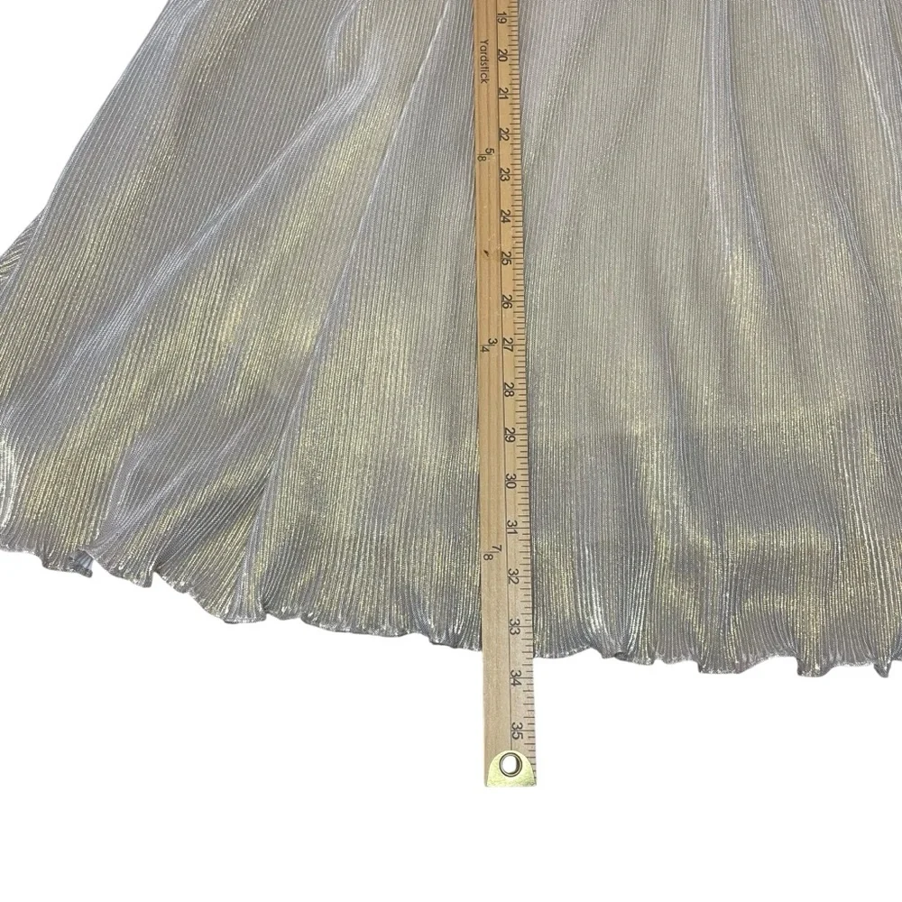 Mable Gold Plunge Neck Flowy Pleated Cocktail Dress Balloon Long Sleeve Mini L - Picture 7 of 13